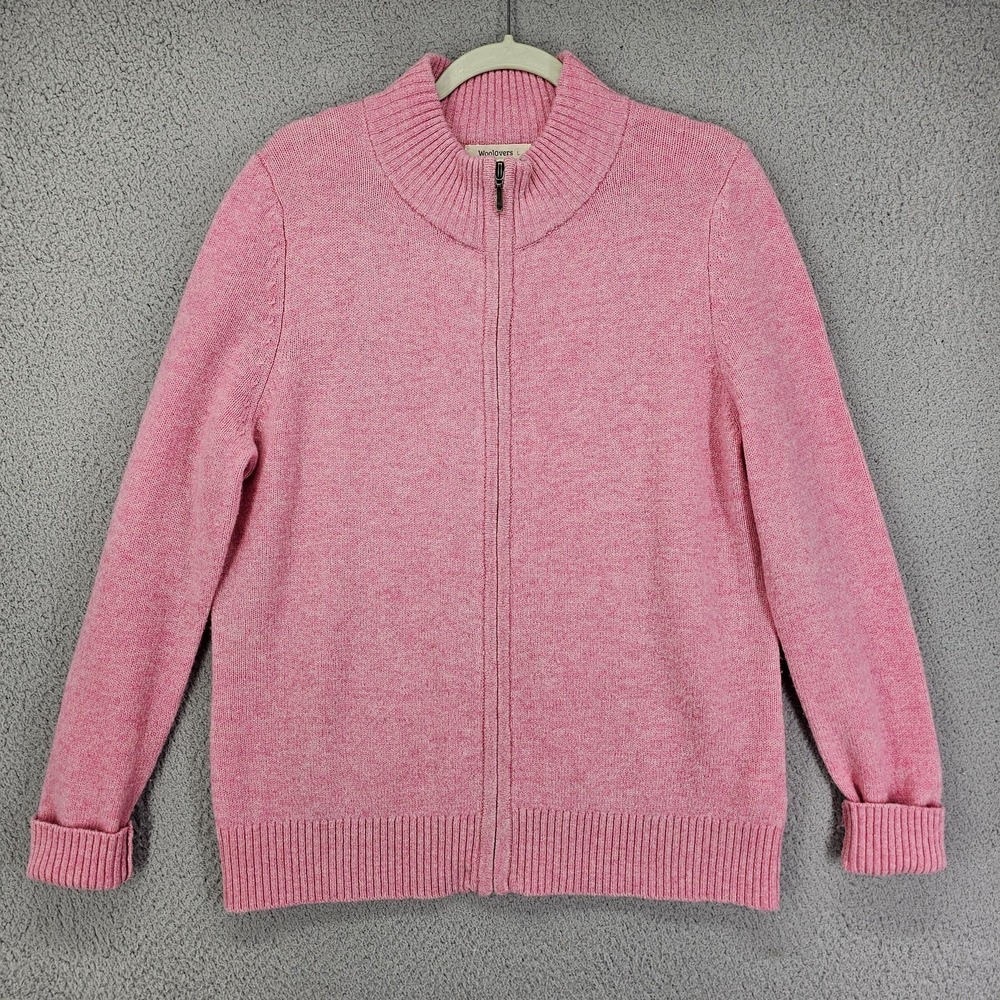 Woolovers Sweater Mens Large Pink Full Zip Lambswool Knit Pullover Casual Warm